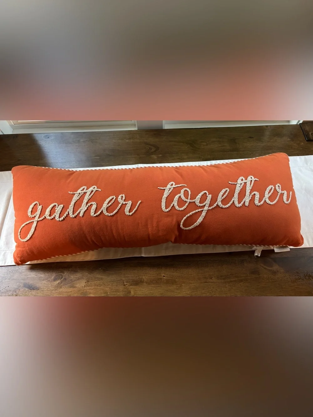 Fall Orange  33.5” ‘Gather Together' Embroidered Pillow Thanksgiving Holiday
